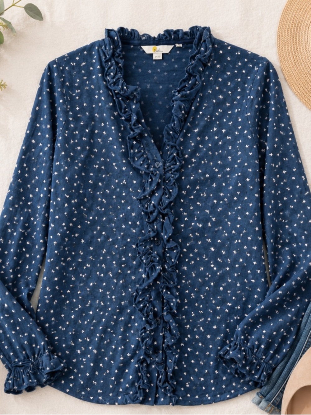 Boden Blue Floral Ruffle Front Modal Blend Blouse US 8R